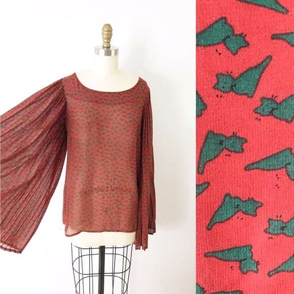 Modcloth Tops - Modcloth Angel Wing Cat Print Chiffon Blouse H100